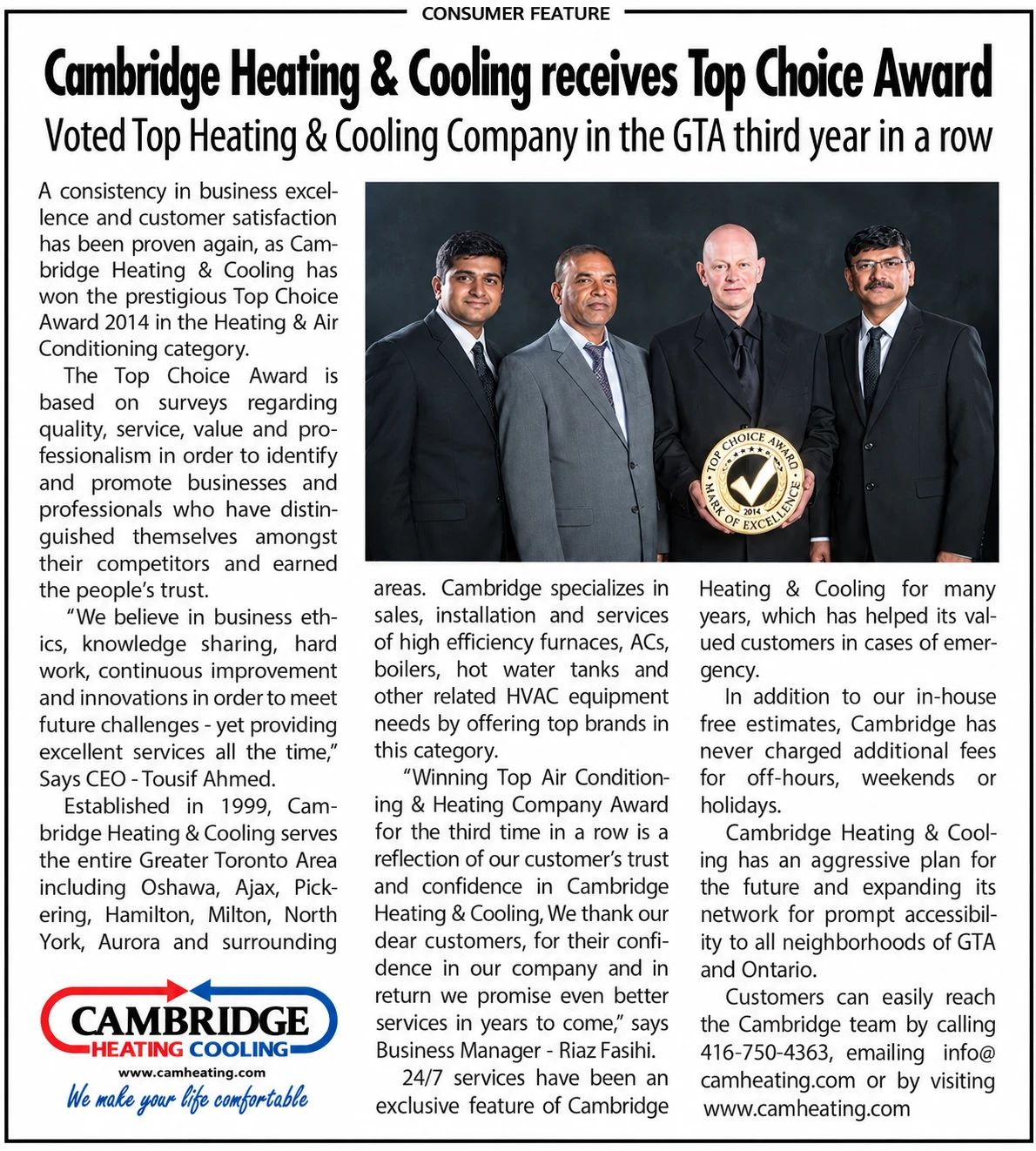 Original newspaper article Cambridge Heating and Cooling receives Top Choice Award
